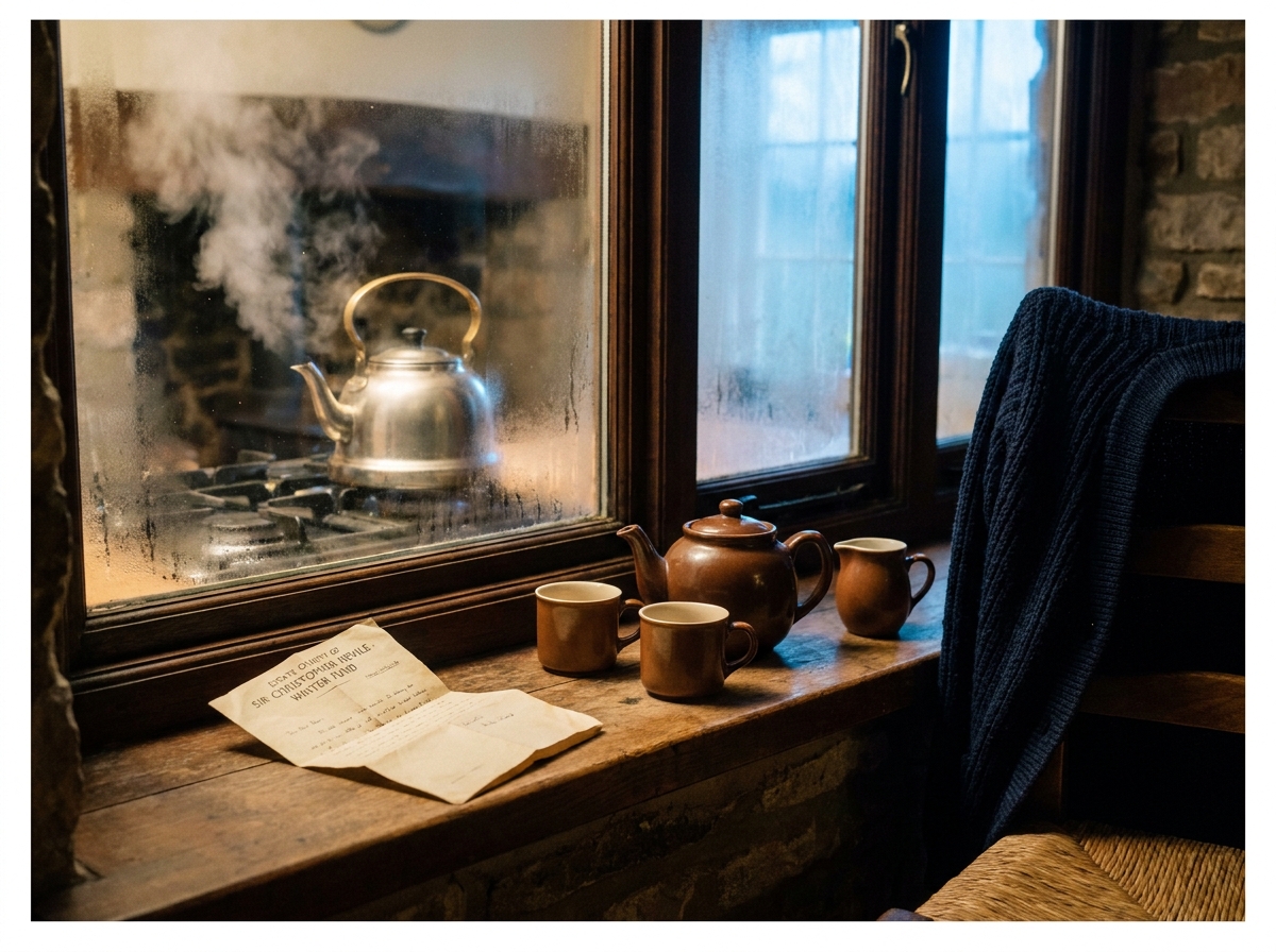 A kitchen window steamed by a kettle on the hob, hand-knitted cardigan on the chair back, soft January afternoon light through the panes.