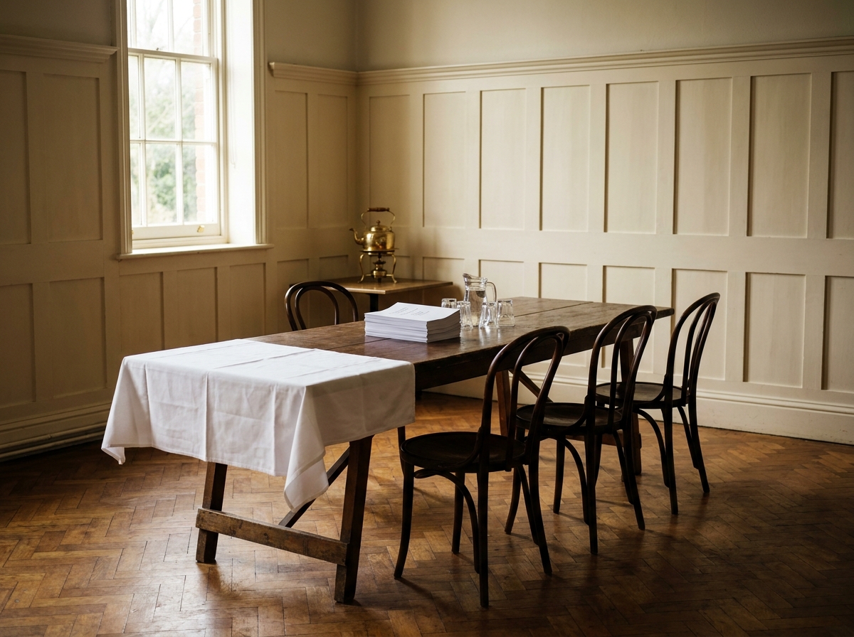 A trestle table at Aubourn Village Hall set out with annual report papers, a small water jug and four wooden chairs, ready for the AGM.