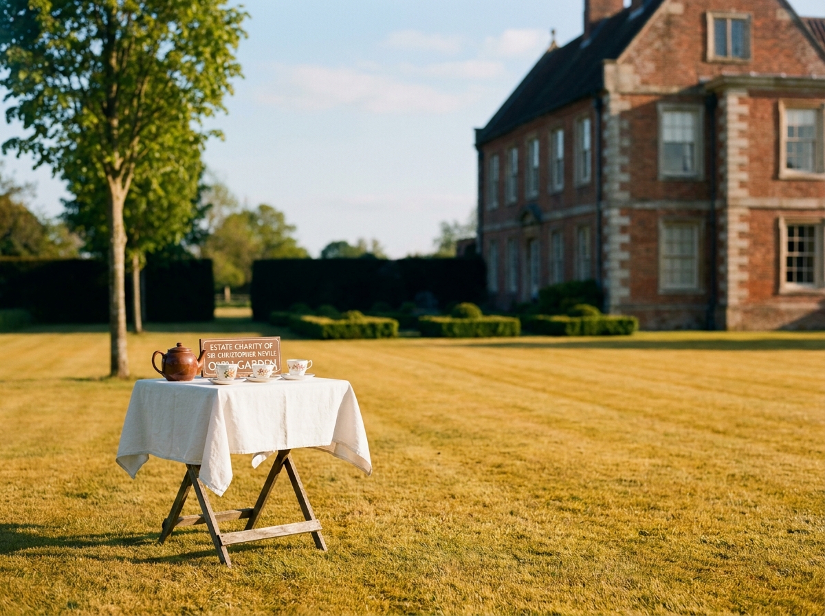 The lawn at Aubourn Hall on a still May afternoon, clipped box hedging and a small table of tea things set out under a lime tree.