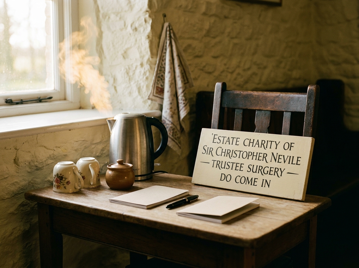 A kettle steaming on a side table at Aubourn Village Hall on a Saturday morning, two folded notepads and a hand-painted sign reading 'Trustee Surgery'.