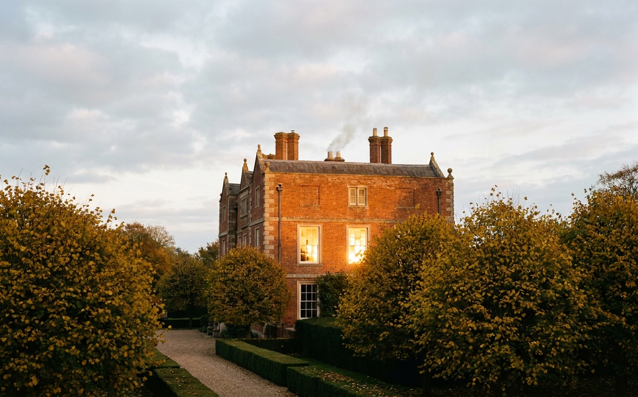 The eastern face of Aubourn Hall through autumn limes, low October light.
