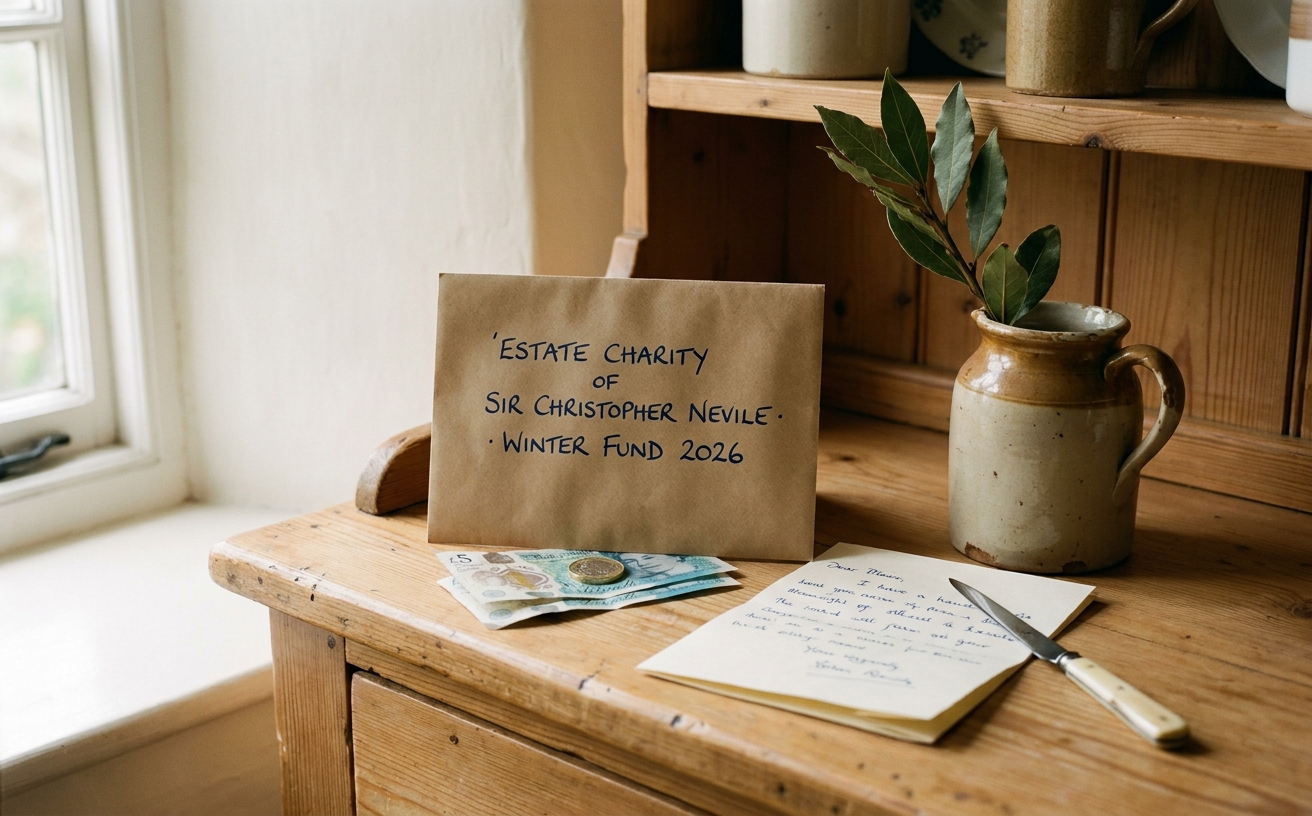 A modest brown-paper envelope on a kitchen dresser at Aubourn, marked in fountain pen 'Winter Fund 2026'.