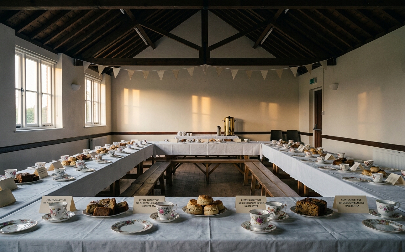 Trestle tables set up at Aubourn Village Hall for the harvest tea, with mismatched teacups and a brown paper sign reading 'Estate Charity of Sir Christopher Nevile'.