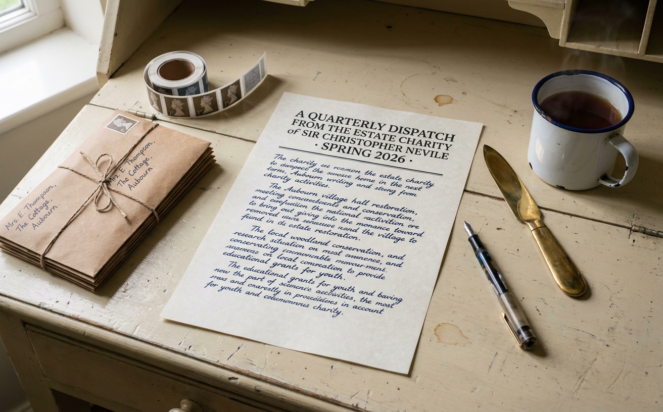A handwritten quarterly dispatch and a stack of brown envelopes on the dresser at The Old Vicarage, Aubourn.