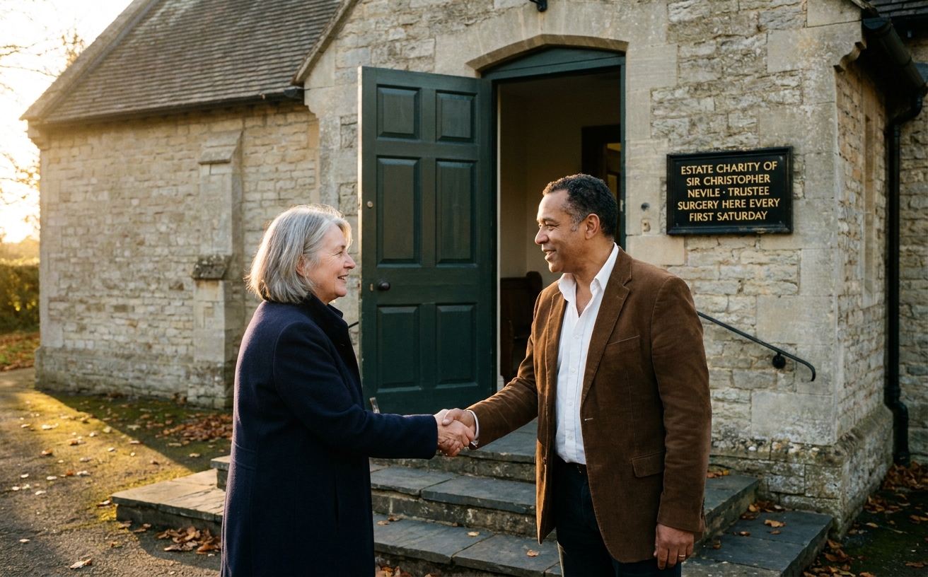 A handshake between a parish councillor and a trustee on the steps of Aubourn Village Hall, autumn afternoon light.