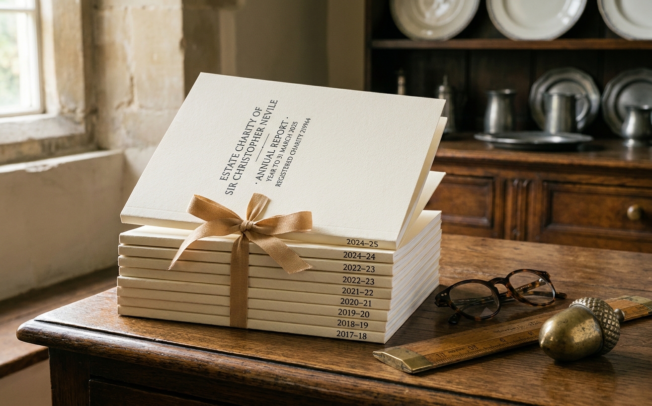 A stack of slim annual reports, hand-bound with brown ribbon, on a kitchen dresser in Aubourn.