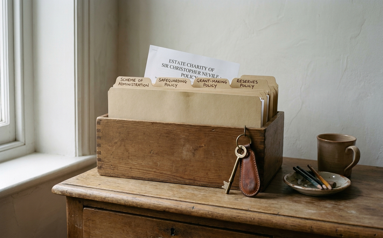 Manila folders of policies and a small filing box on the dresser at the Old Vicarage.