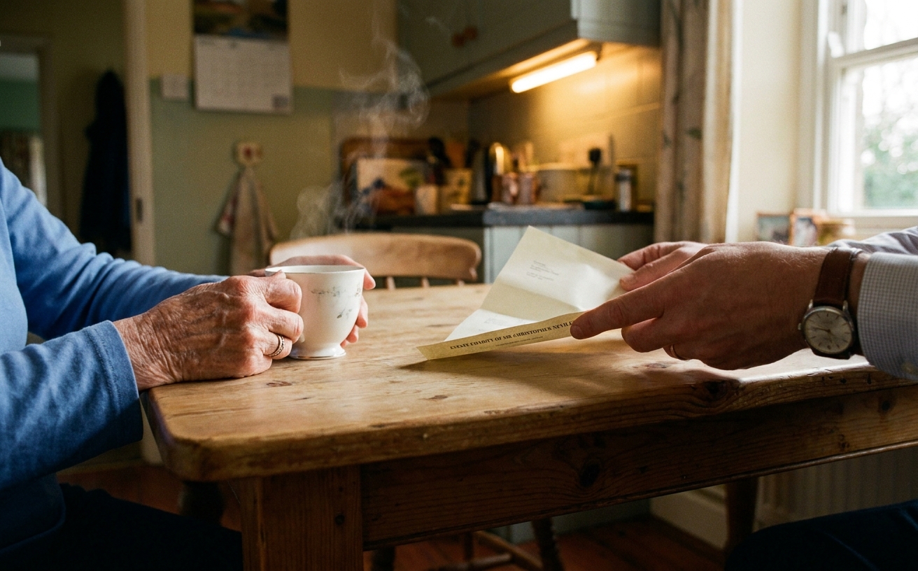 Two pairs of hands holding cups of tea across a kitchen table in Aubourn, late afternoon light.
