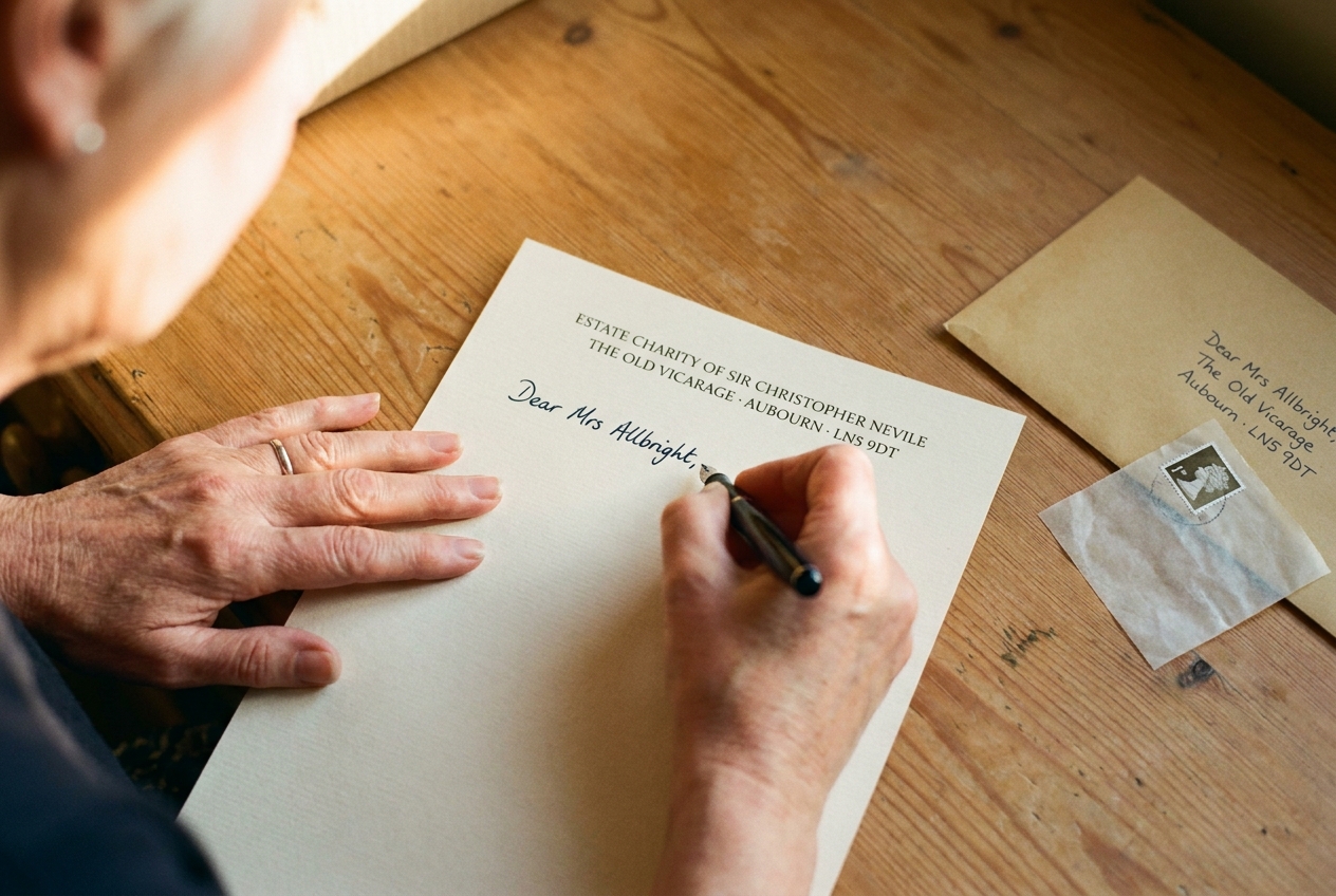A trustee's hand finishing a short grant letter in fountain pen ink, brown envelope and stamp ready on the dresser at the Old Vicarage.
