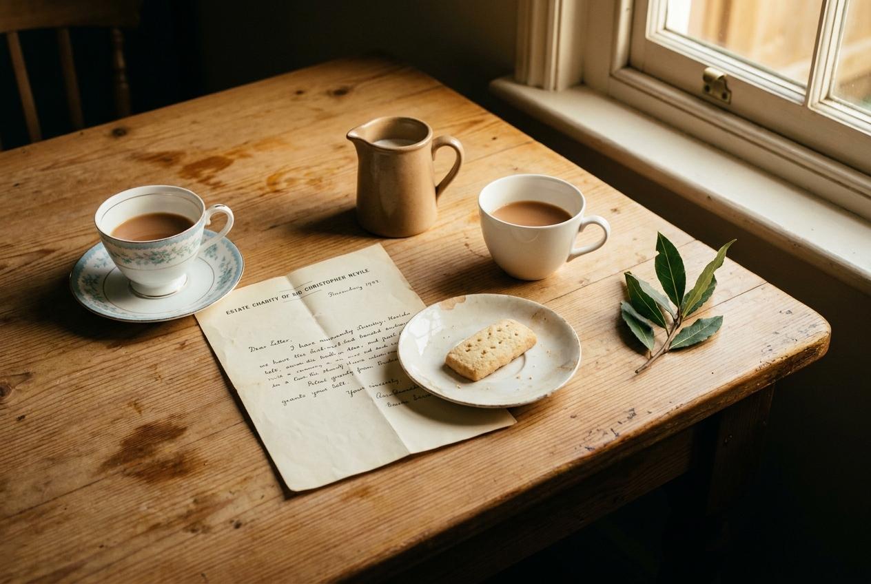 A pine kitchen table in Aubourn with two mismatched cups of tea, a folded grant letter and a small earthenware milk jug, late afternoon light.