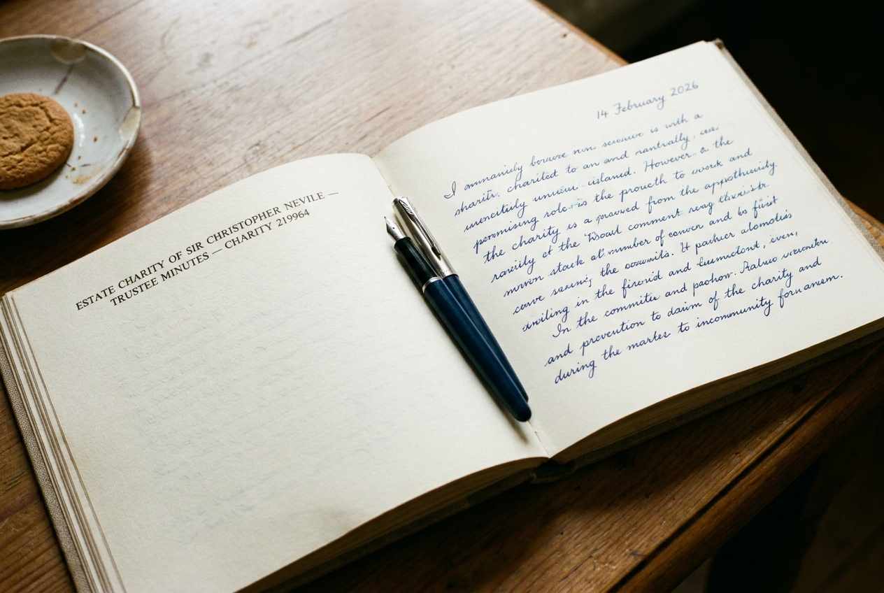 A close shot of an open trustee minute book on the back-room table at Aubourn Village Hall, with handwritten ink minutes and a fountain pen.