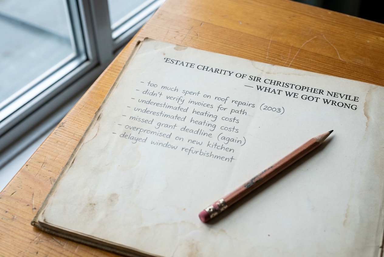 A close shot of the 'what we got wrong' page at the back of the trustee minute book, written in soft pencil.