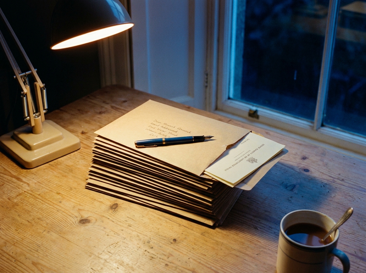 A pile of brown envelopes and a fountain pen on a kitchen table at dusk.