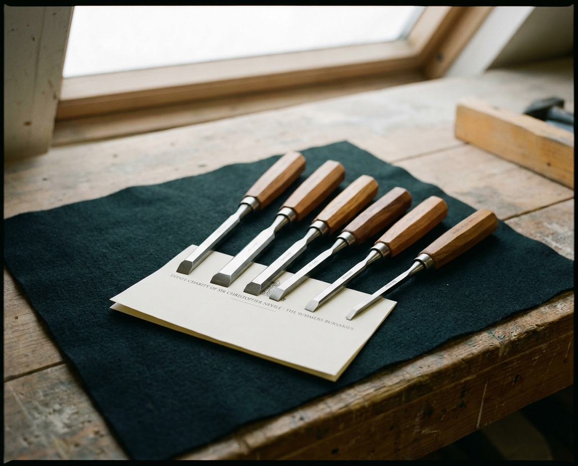 A neat row of new stonemason's chisels on a piece of green felt.