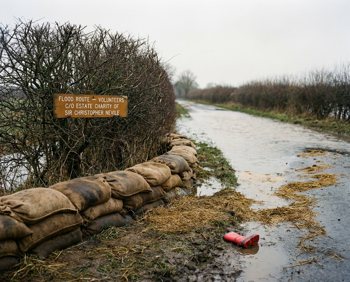 Sandbags stacked beside a hedge along a lane in Aubourn, late February afternoon.