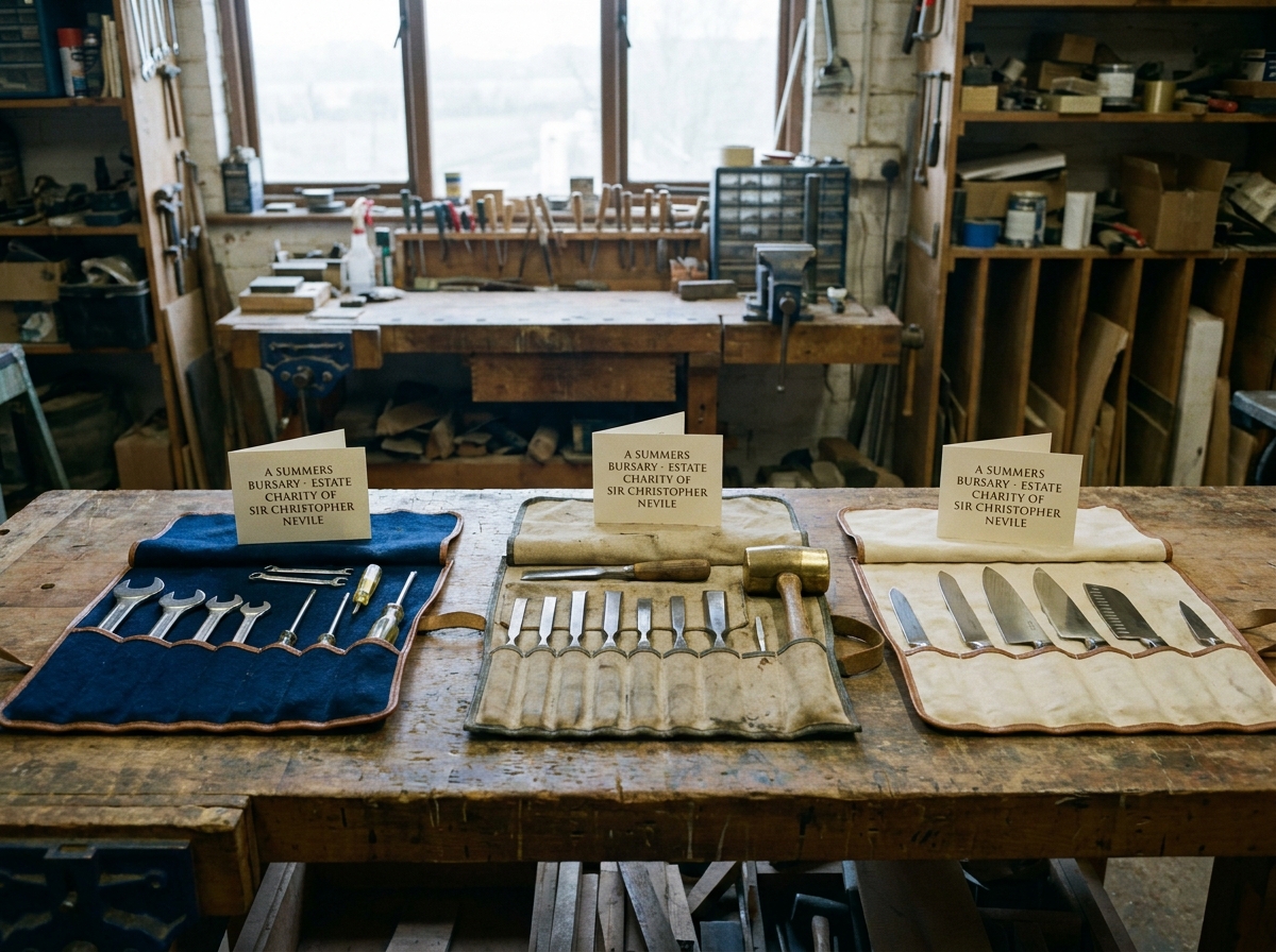 Apprentices' tools on the bench at a Lincolnshire workshop.