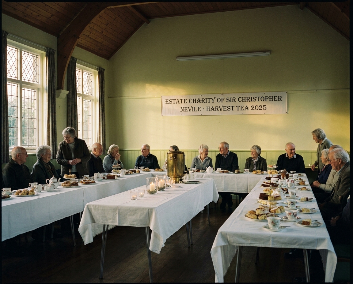 A harvest tea at Aubourn Village Hall, trestle tables with cake and tea.
