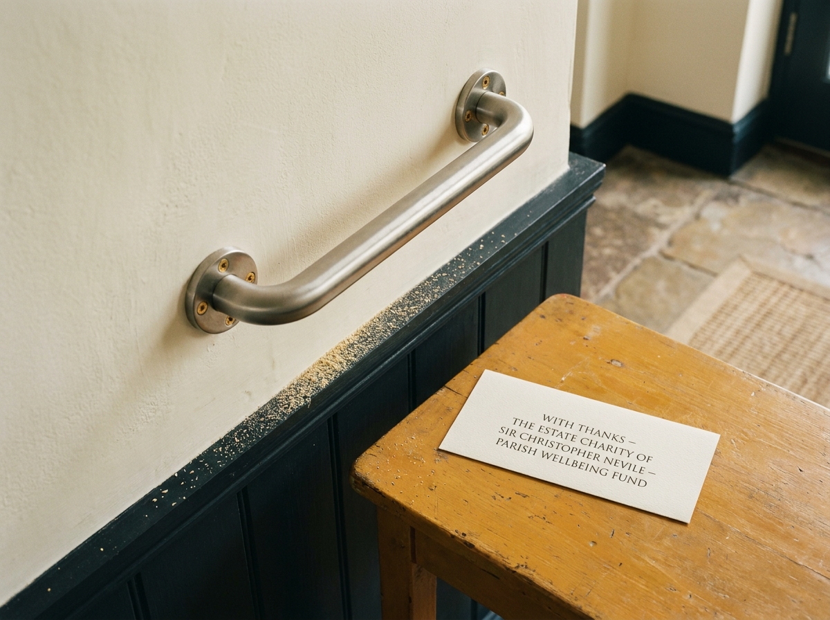 A hand-fitted grab-rail in a Lincolnshire cottage hallway.
