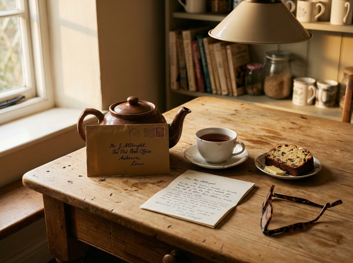 A pine kitchen table with a brown envelope, a teapot, and a neat handwritten note in Aubourn.