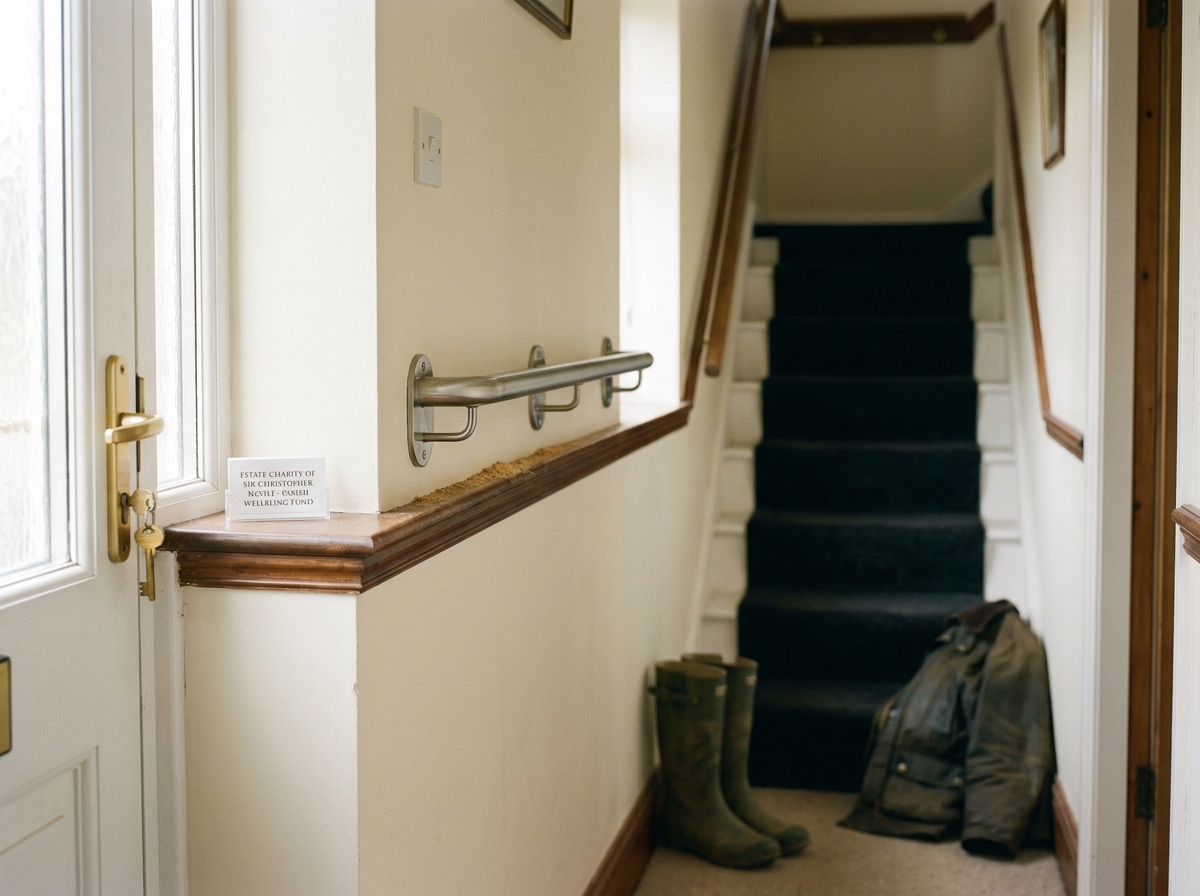 A hallway in a small Lincolnshire cottage with a new grab-rail freshly fitted, morning light through the half-glass door.