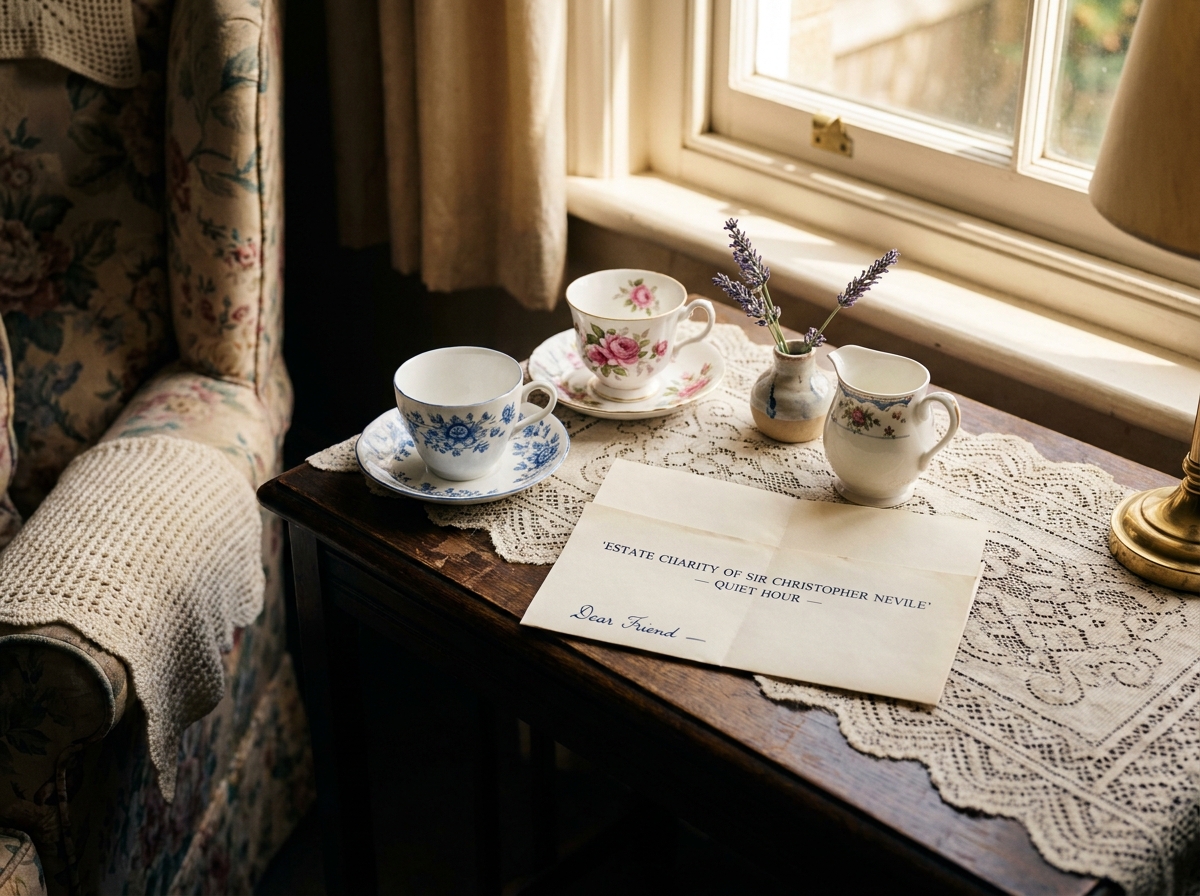 A volunteer pouring tea into two mismatched cups at an older neighbour's sitting room in Aubourn, afternoon sun.