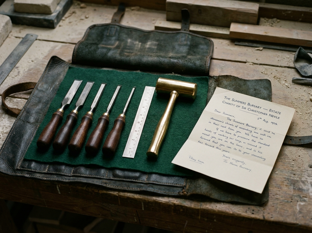 A young apprentice's leather tool roll spread out on a workshop bench in Haddington, soft sidelight.