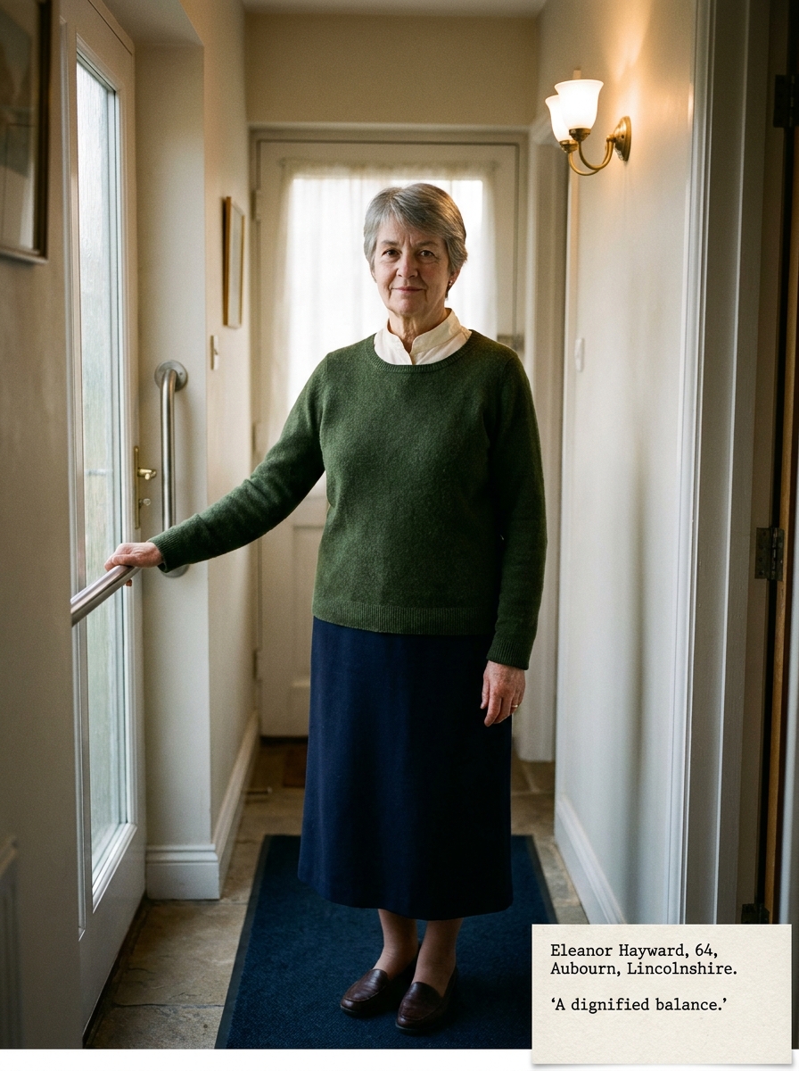 Eleanor, a woman in her sixties, leaning on a freshly fitted grab-rail in the hallway of her cottage in Aubourn.