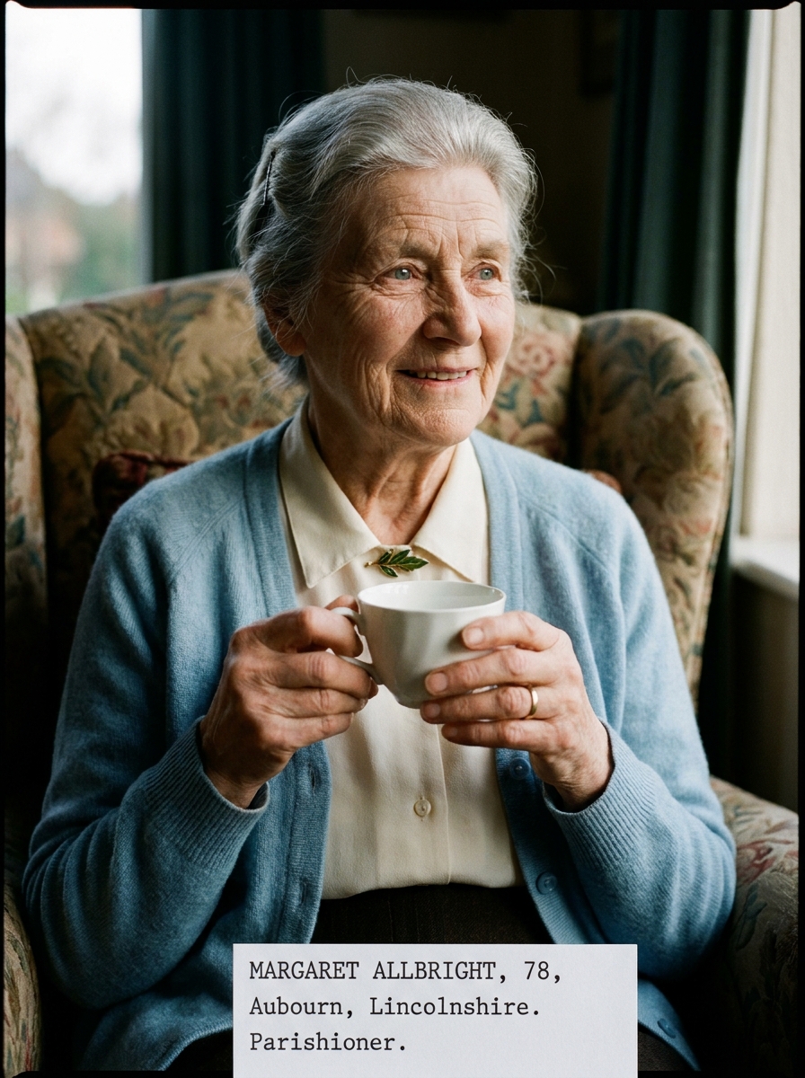Margaret, an older woman in a soft wool cardigan, holding a teacup in her sitting room in Aubourn.