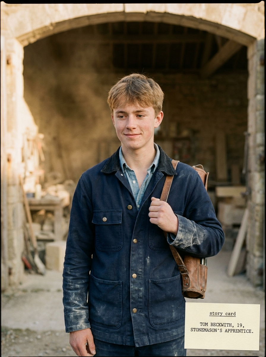 Tom, a young man in his late teens, in a Haddington workshop with a leather tool roll over his shoulder.