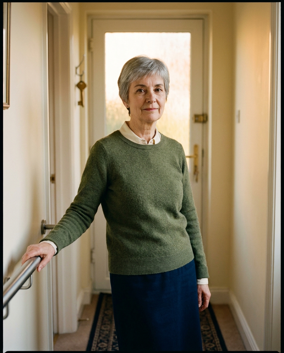 Portrait of Eleanor, a woman in her sixties, leaning on a fitted grab-rail in her hallway in Aubourn.