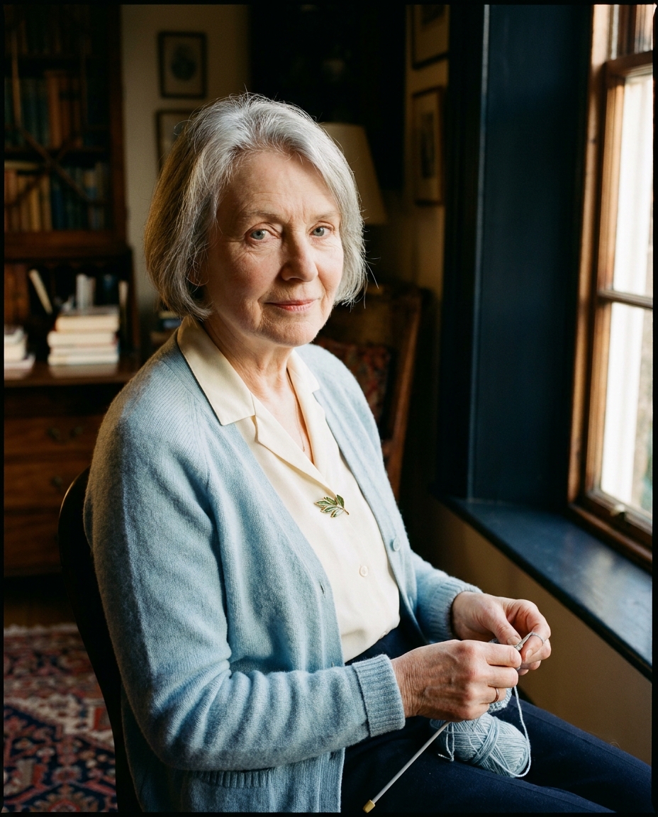 Portrait of Margaret, an older woman in a soft wool cardigan, in her sitting room in Aubourn.