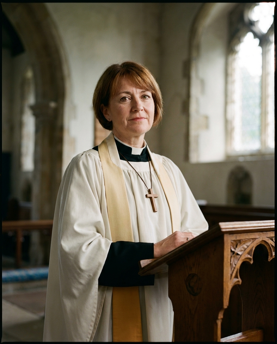 Portrait of the Revd Sarah Whitehouse, parish priest, at the lectern in St Peter's, Aubourn.