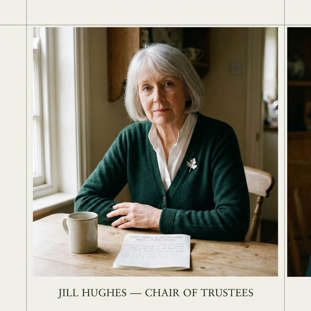 Portrait of Jill Hughes, Chair of trustees, in a Lincolnshire farmhouse kitchen, soft side-light.