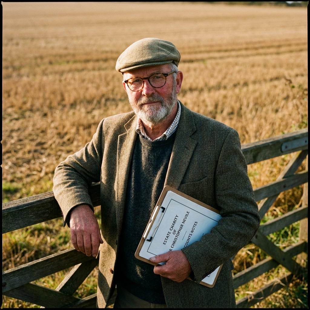Portrait of John Mosedale, trustee, leaning against a five-bar gate at the edge of a Lincolnshire field.