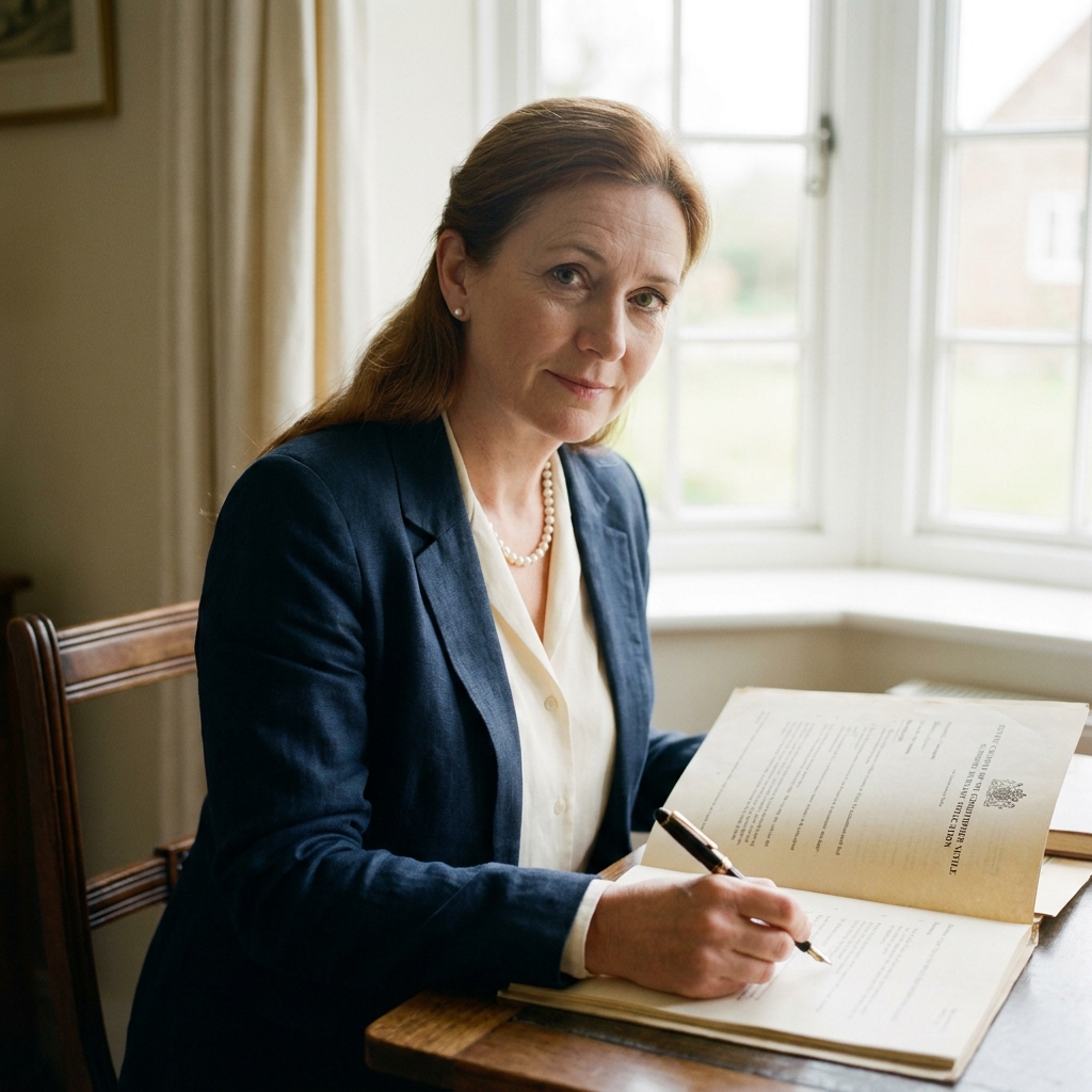 Portrait of Julie Plackett-Smith, trustee, at her writing desk by a small bay window, morning light.