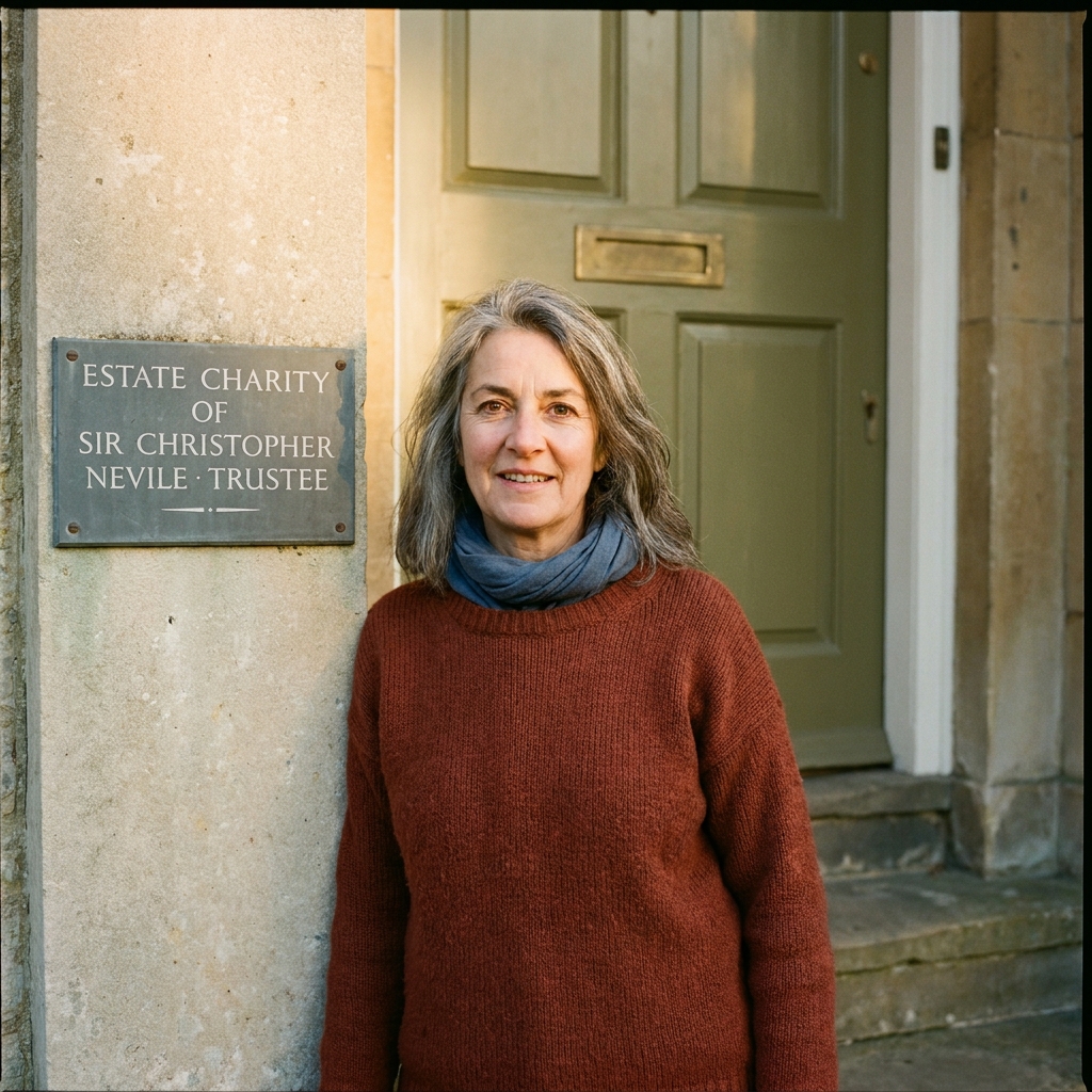 Portrait of Lynne Rocks, trustee, beside her front door on a Lincolnshire village lane in late afternoon.